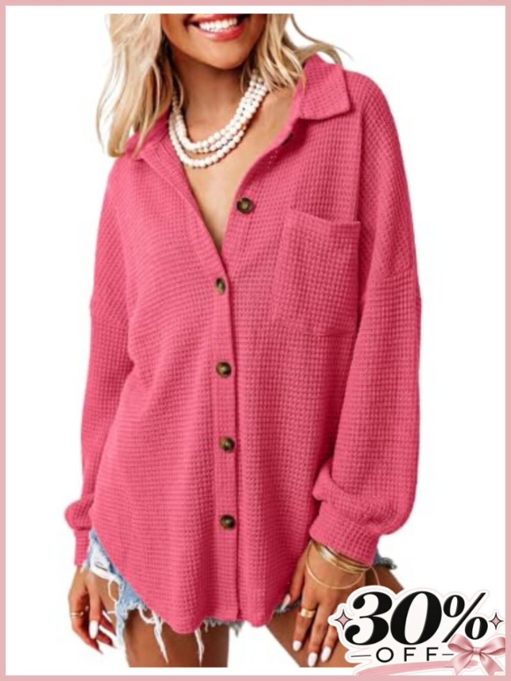 Waffle Knit Shacket Button Down Long Sleeve Loose Fit Casual Top